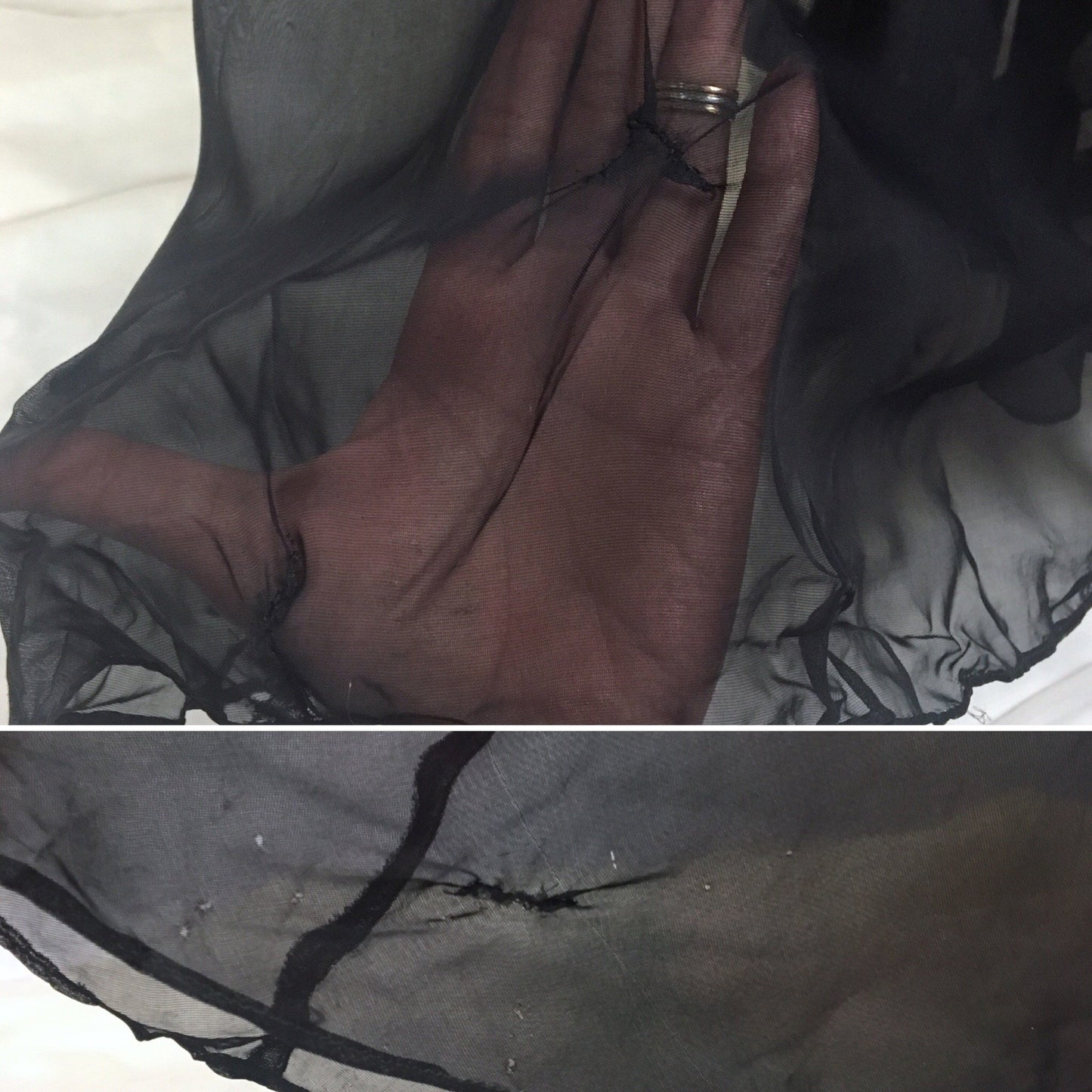 Vintage 1940's Peignoir Set | Sheer Black Rayon Chiffon with Chantilly Lace Nightgown & Robe | Size XS