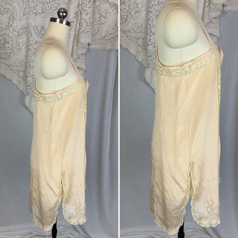 Antique 1920's Chemise | Size SM, MED | Palest Peach Silk Crepe with Tambour Embroidered Lace