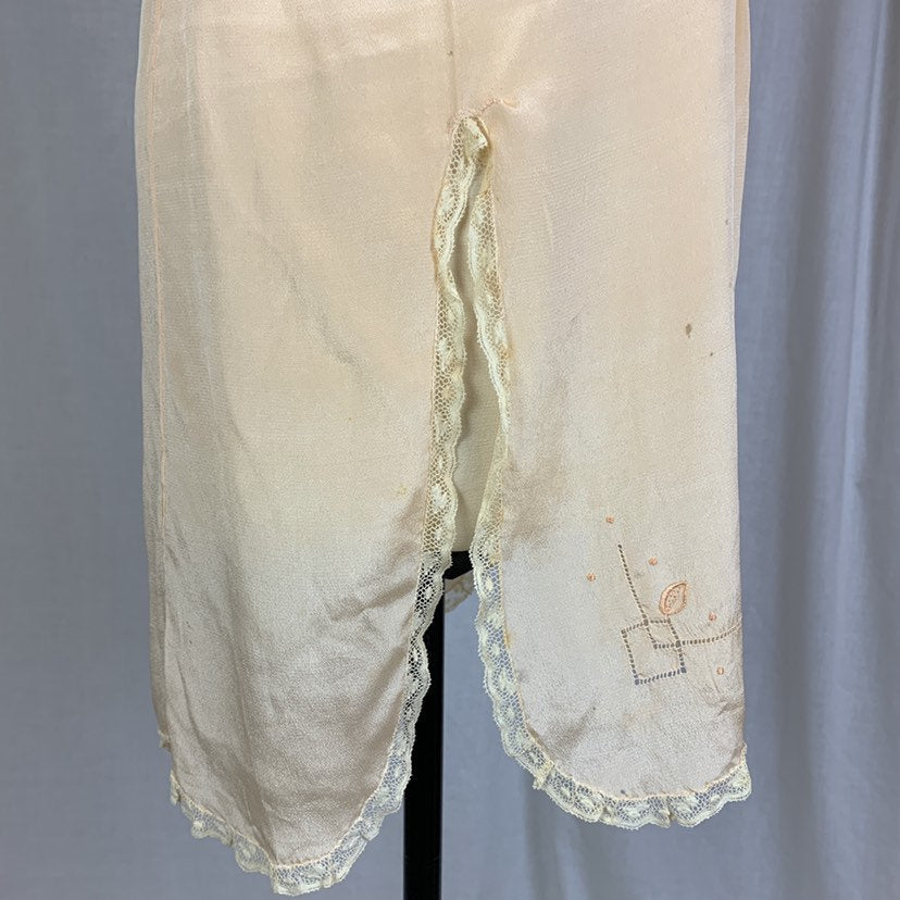 Antique 1920's Chemise | Size SM, MED | Palest Peach Silk Crepe with Tambour Embroidered Lace