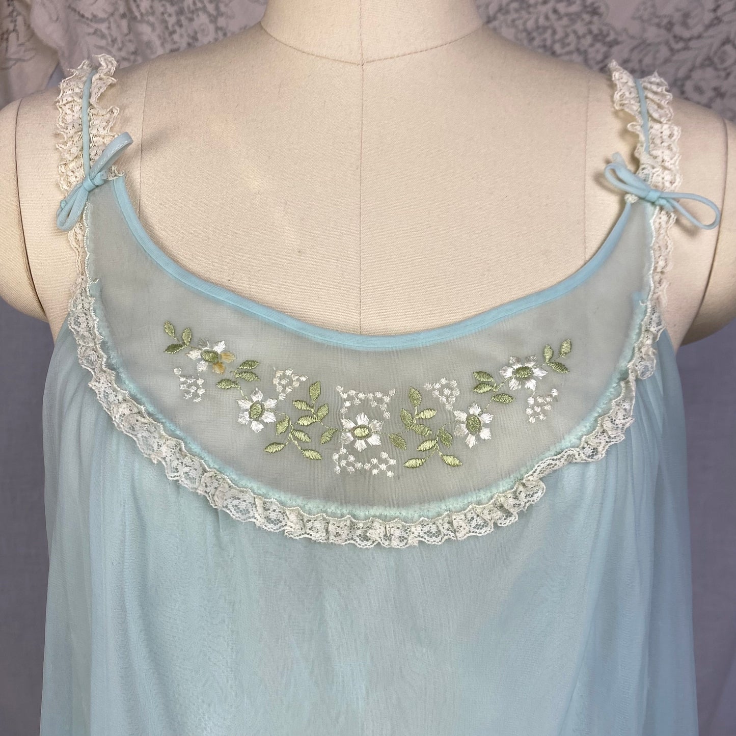 Vintage 1960's Babydoll Nightgown | Sky Blue Nylon Chiffon with Floral Embroidery & Ruffled Hem | Size XS, S | Kayser
