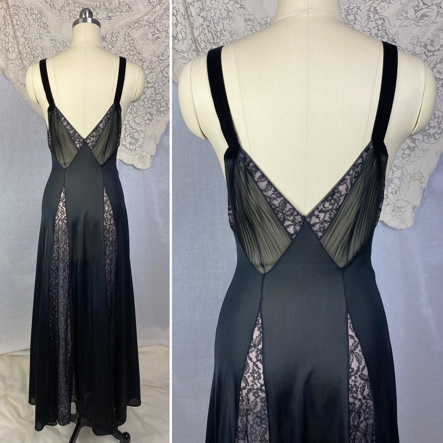 Vintage 1960's Nightgown | Black Nylon with Sheer Lace Illusion Panels over Pink | Size XS, S | Rogers