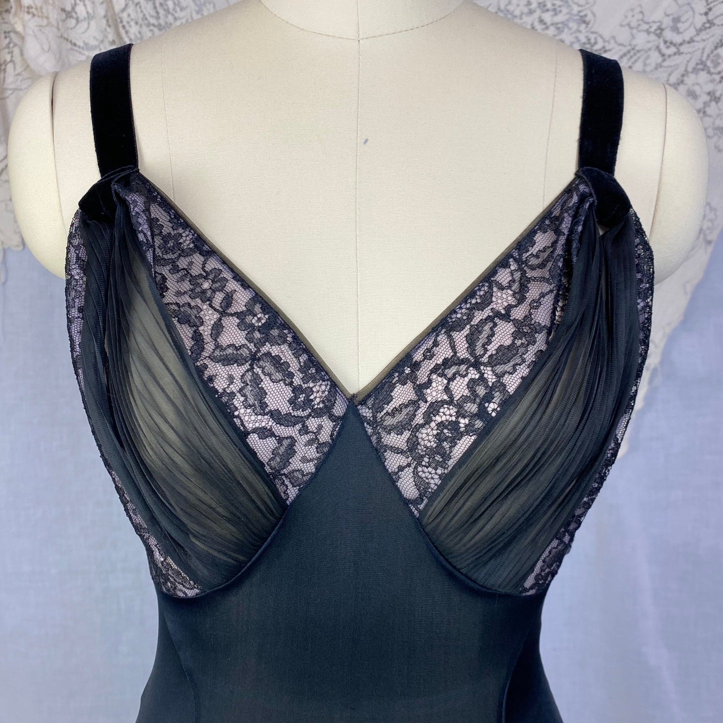 Vintage 1960's Nightgown | Black Nylon with Sheer Lace Illusion Panels over Pink | Size XS, S | Rogers