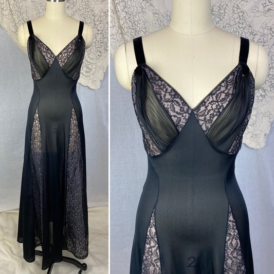 Vintage 1960's Nightgown | Black Nylon with Sheer Lace Illusion Panels over Pink | Size XS, S | Rogers