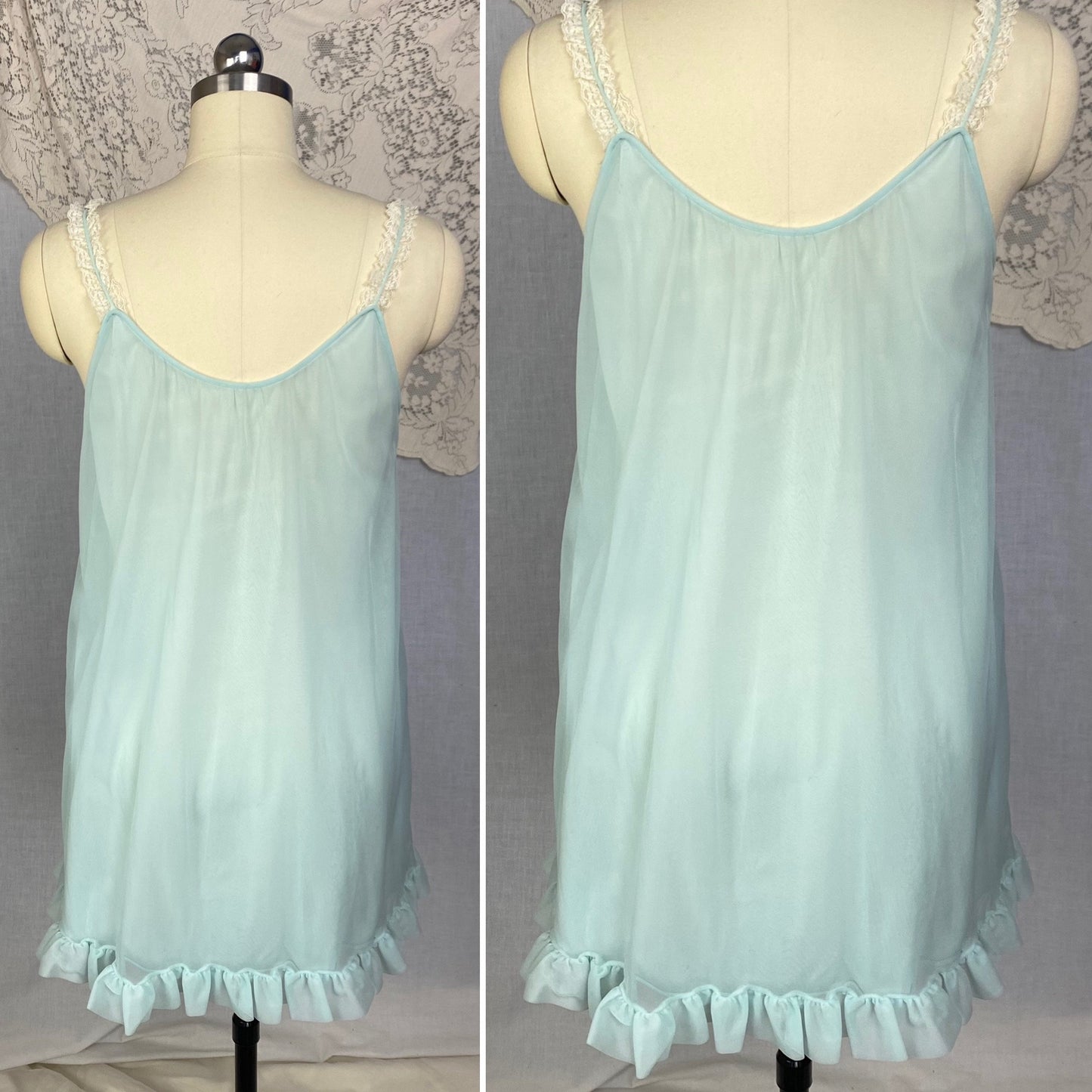 Vintage 1960's Babydoll Nightgown | Sky Blue Nylon Chiffon with Floral Embroidery & Ruffled Hem | Size XS, S | Kayser