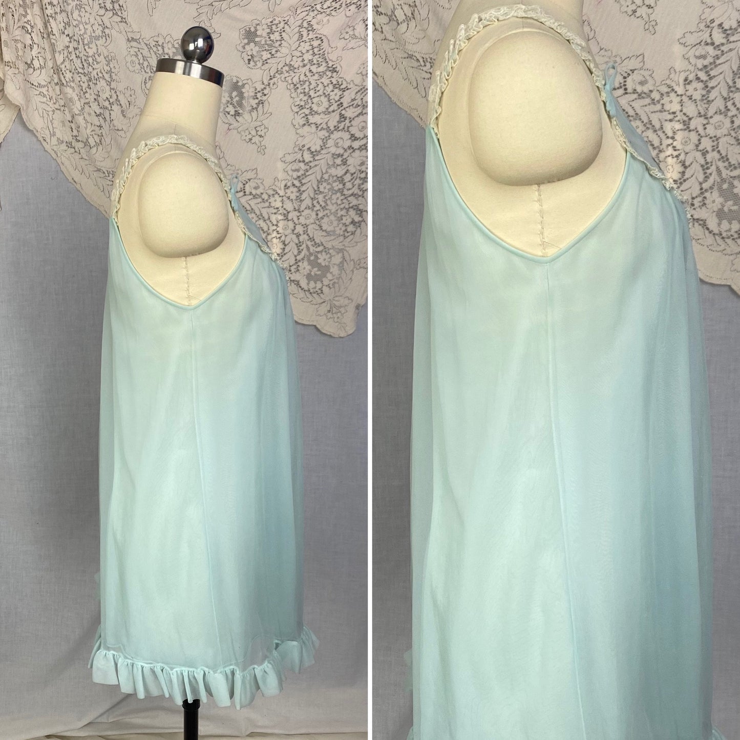 Vintage 1960's Babydoll Nightgown | Sky Blue Nylon Chiffon with Floral Embroidery & Ruffled Hem | Size XS, S | Kayser