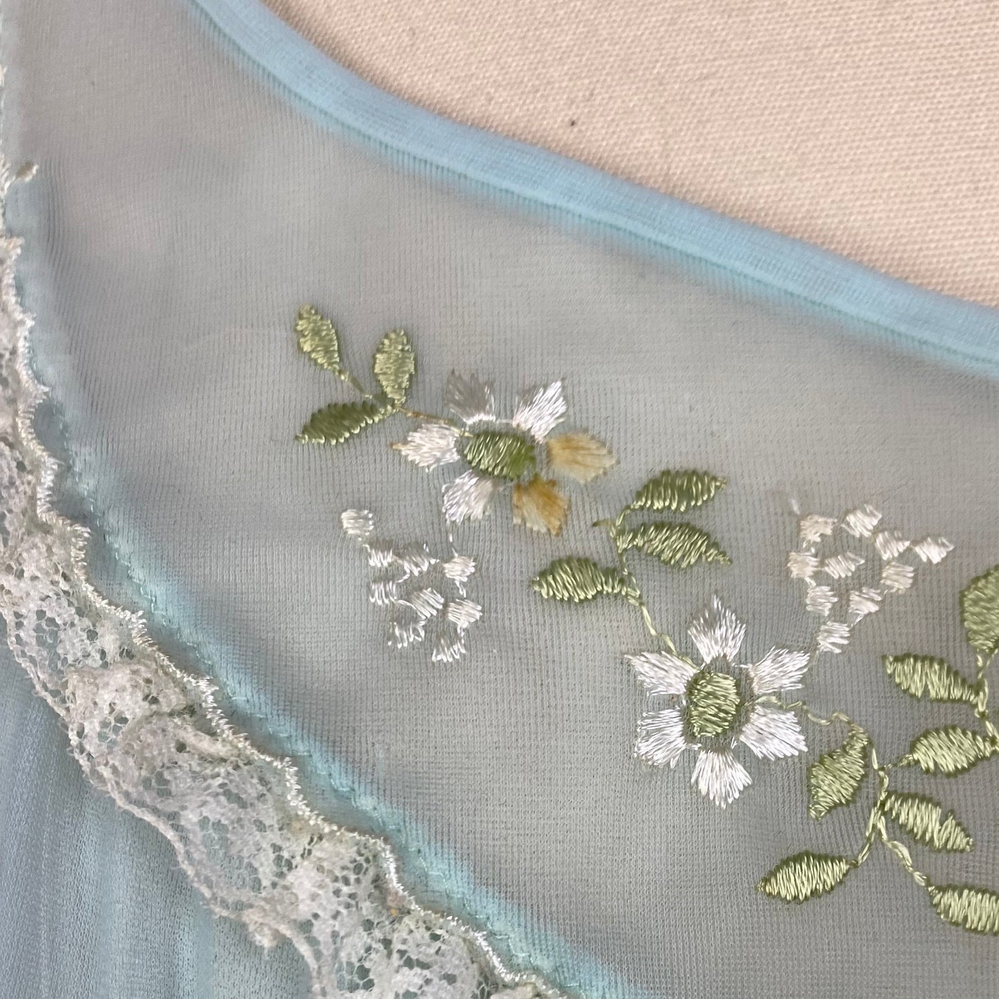 Vintage 1960's Babydoll Nightgown | Sky Blue Nylon Chiffon with Floral Embroidery & Ruffled Hem | Size XS, S | Kayser