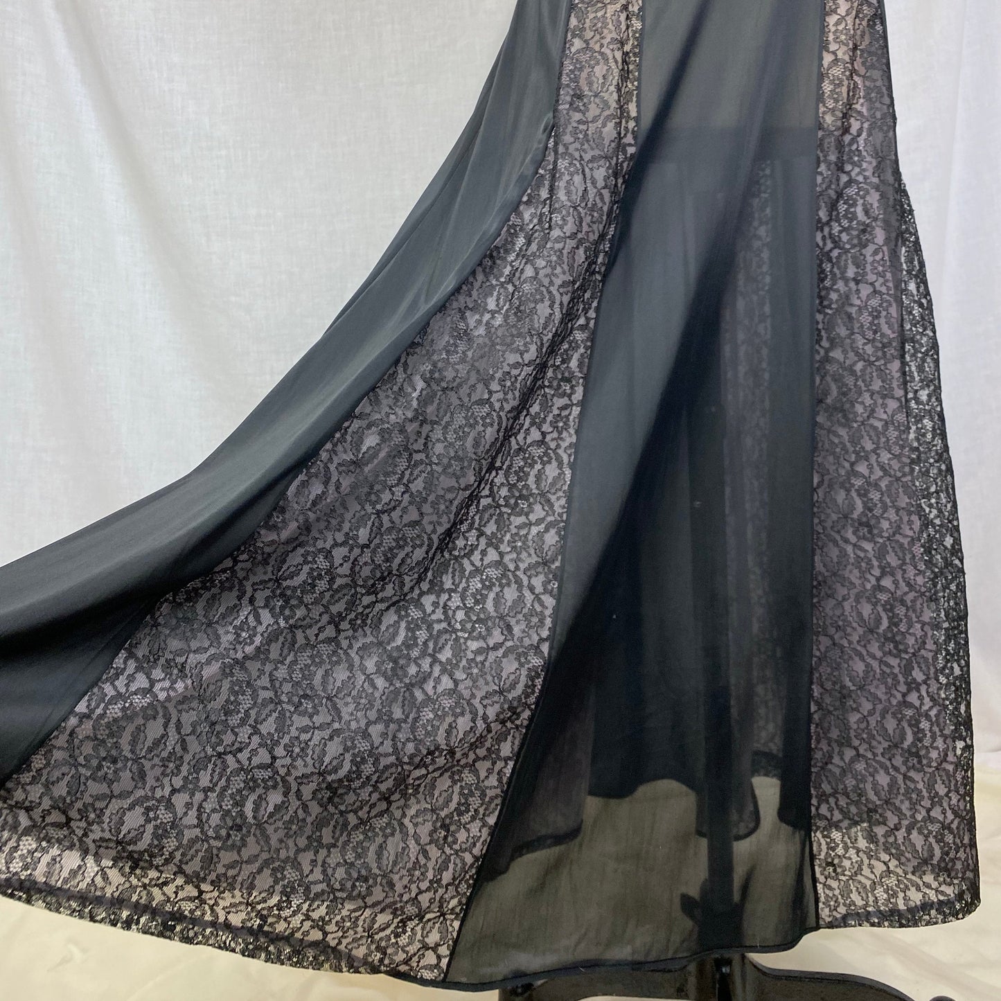 Vintage 1960's Nightgown | Black Nylon with Sheer Lace Illusion Panels over Pink | Size XS, S | Rogers