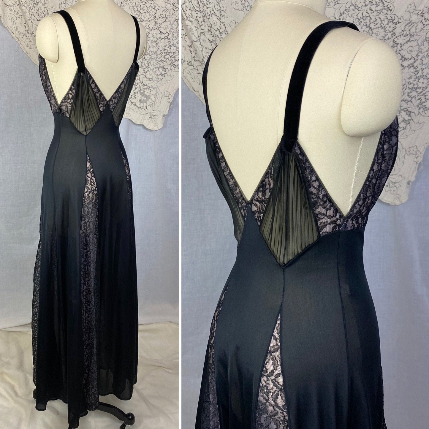 Vintage 1960's Nightgown | Black Nylon with Sheer Lace Illusion Panels over Pink | Size XS, S | Rogers
