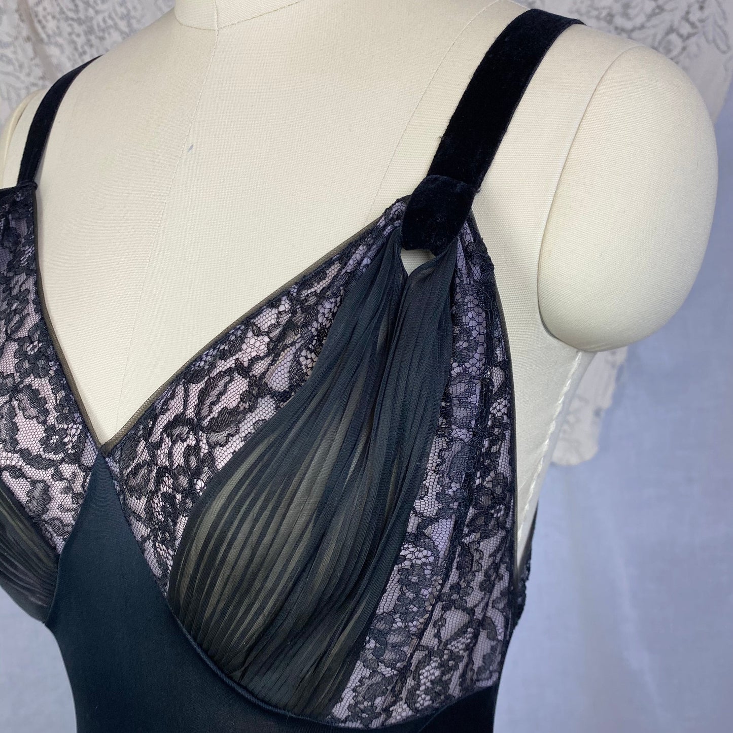 Vintage 1960's Nightgown | Black Nylon with Sheer Lace Illusion Panels over Pink | Size XS, S | Rogers