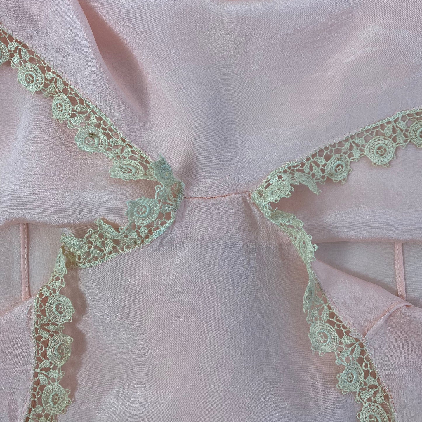 Antique 1920's Step-in Chemise | Petal Pink Silk with Cream Bobbin Lace Appliqués | Size 38 Bust, M, LG