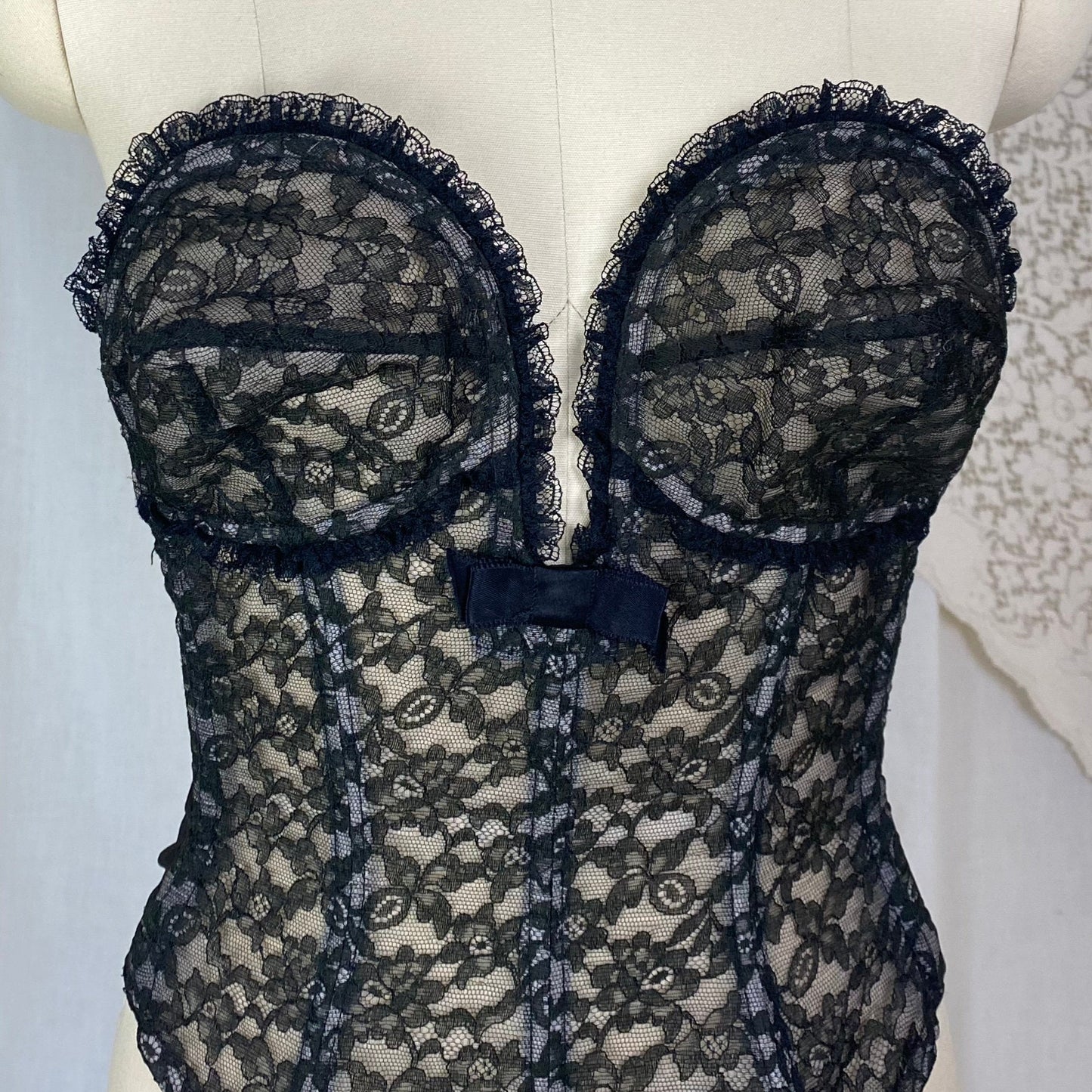 Vintage 1950's Overwire Bustier | Sheer Black Floral Lace Illusion over Pale Nude | Size 34 B, C | Flexee's