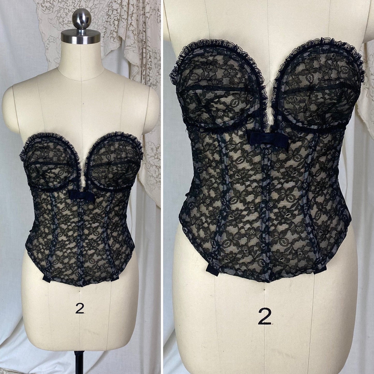 Vintage 1950's Overwire Bustier | Sheer Black Floral Lace Illusion over Pale Nude | Size 34 B, C | Flexee's