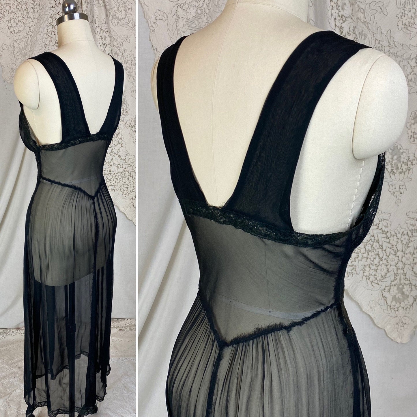 Vintage 1940's Nightgown | Very Sheer Black Silk Chiffon with Cotton Lace | Size S, M, LG