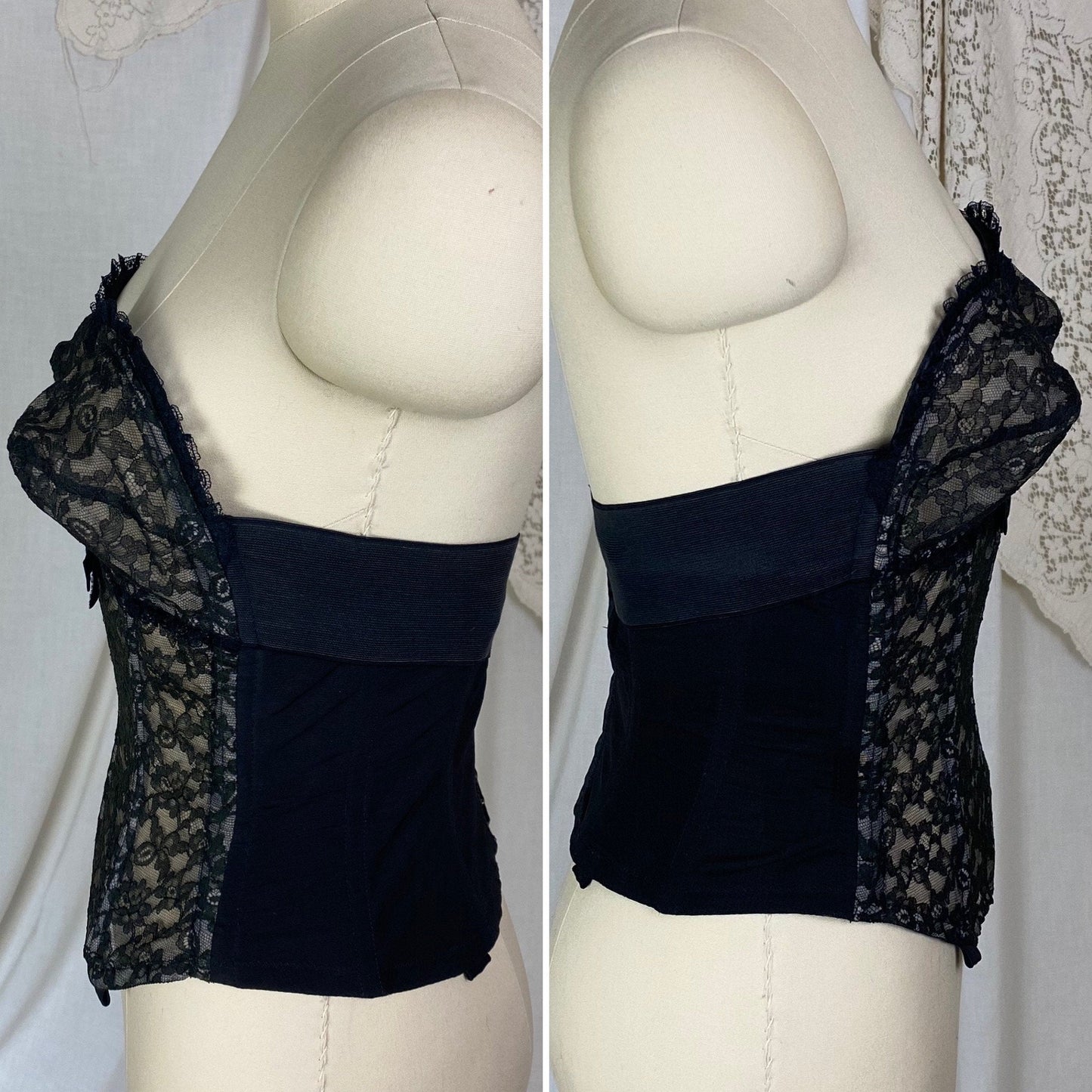 Vintage 1950's Overwire Bustier | Sheer Black Floral Lace Illusion over Pale Nude | Size 34 B, C | Flexee's
