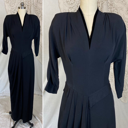 Vintage 1940's Maxi Dress | Black Rayon Crepe with Velvet Neckline | Size S, M