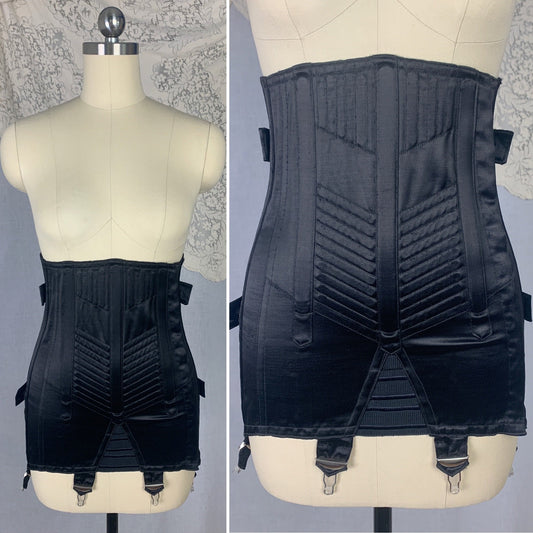 RARE Vintage 1930's Corset Girdle | Black Rayon Satin with Double Fan Lacing | Size XXS, XS, 23-27 Waist | Le Compressif - Daggers & Dames