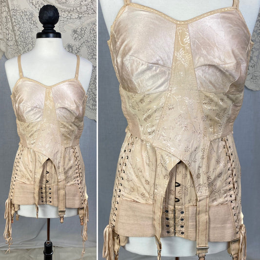 Vintage 1920-1930's All in One Girdle | Nude Rayon Satin Damask with Double Corset Lacing | Size 38-40, LG, XL | Nu-Bone - Daggers & Dames