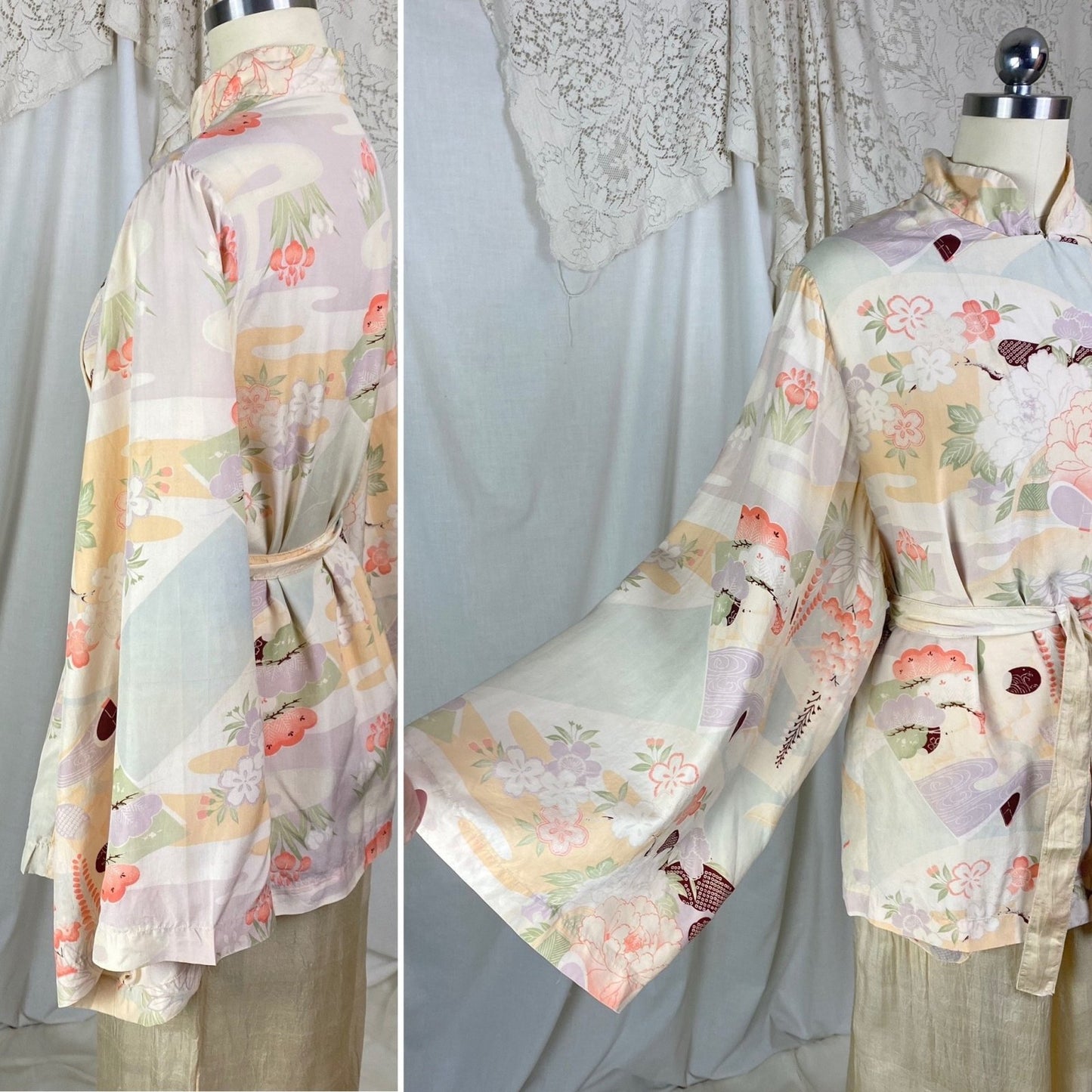 Vintage 1920's Beach Pajama Set | Sheer Raw Pongee Silk with Japanese Floral Print | Size XS, S - Daggers & Dames