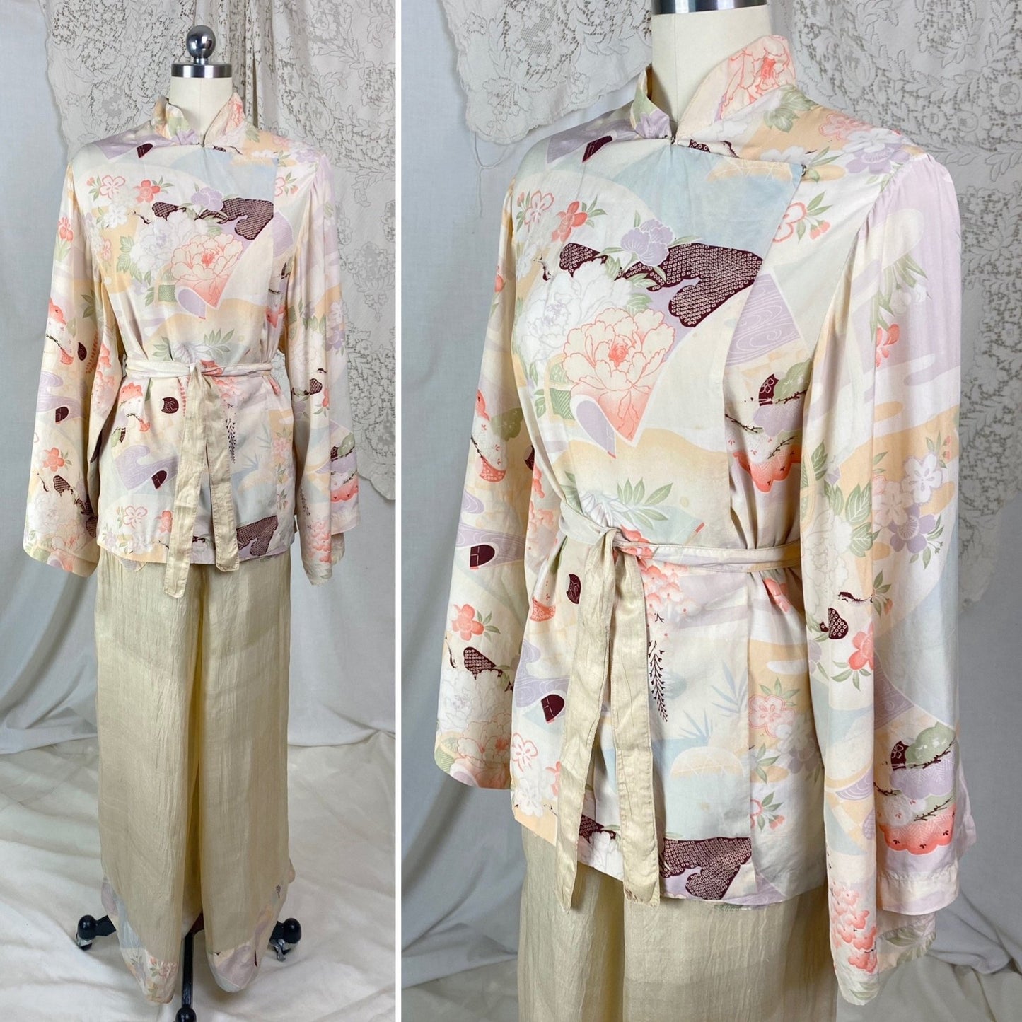 Vintage 1920's Beach Pajama Set | Sheer Raw Pongee Silk with Japanese Floral Print | Size XS, S - Daggers & Dames