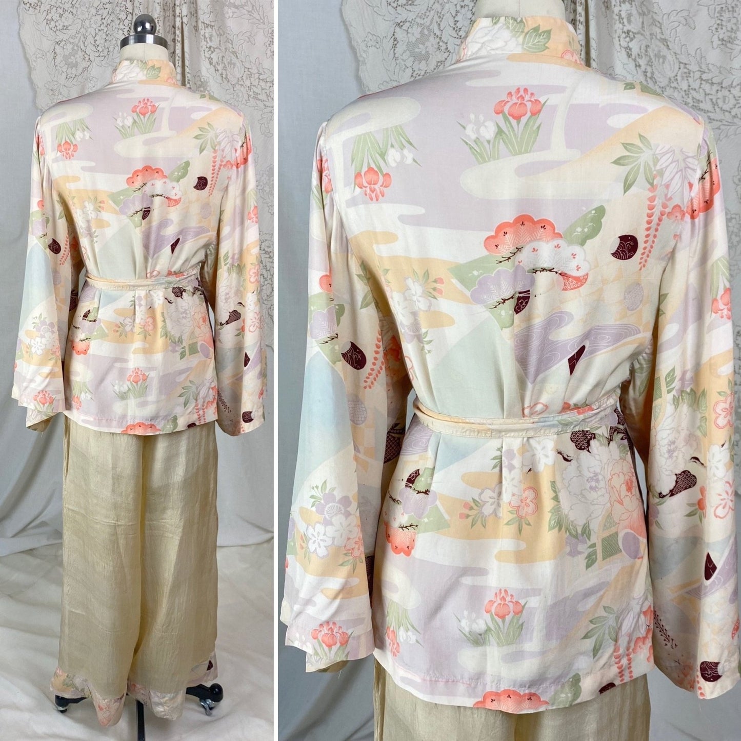 Vintage 1920's Beach Pajama Set | Sheer Raw Pongee Silk with Japanese Floral Print | Size XS, S - Daggers & Dames