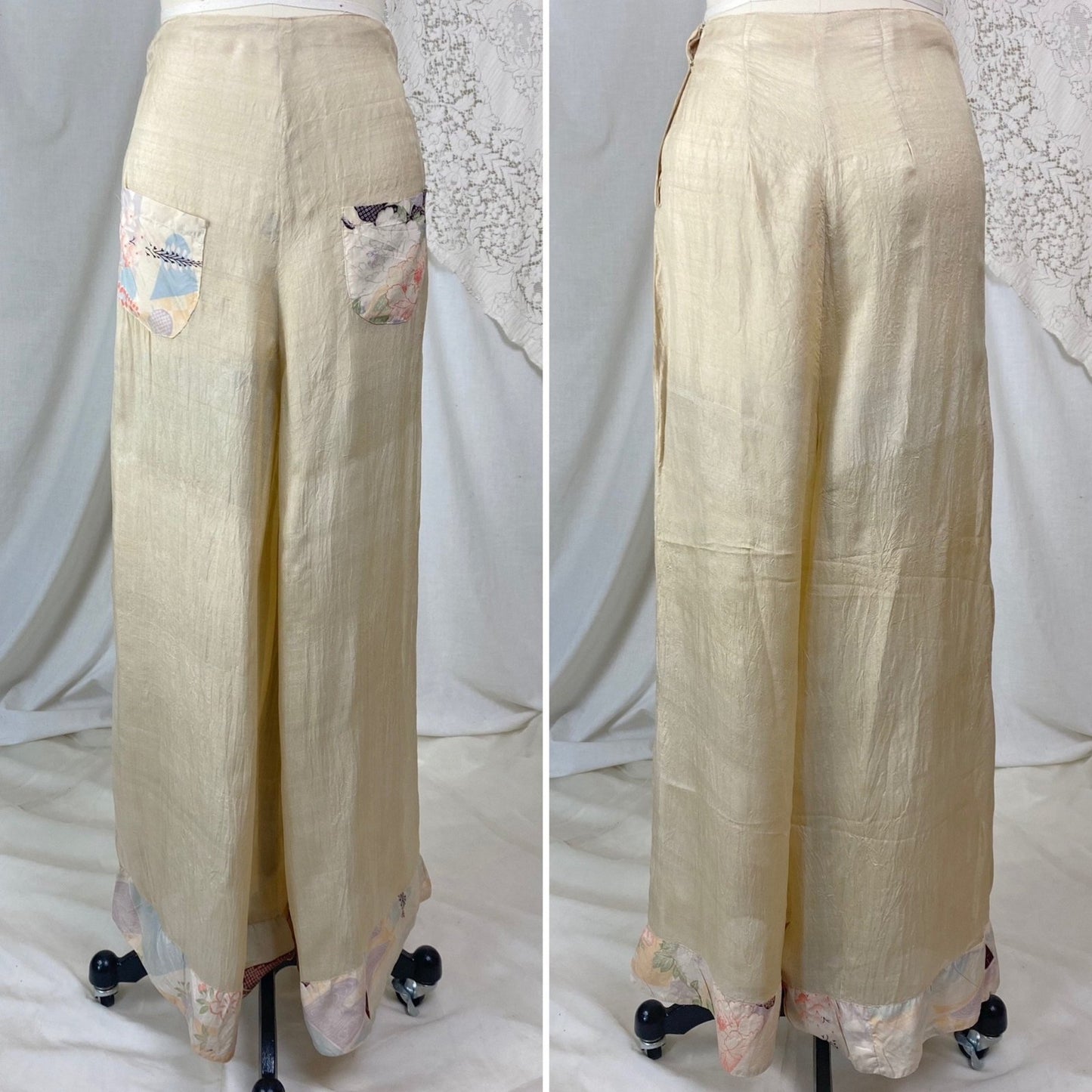 Vintage 1920's Beach Pajama Set | Sheer Raw Pongee Silk with Japanese Floral Print | Size XS, S - Daggers & Dames