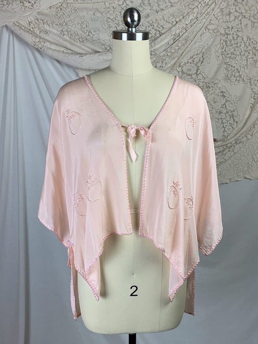 Vintage 1920's Bed Jacket | Size Free | Very Pale Pink Silk with Pomegranate Silk Thread Embroidery | Filene's Boston - Daggers & Dames