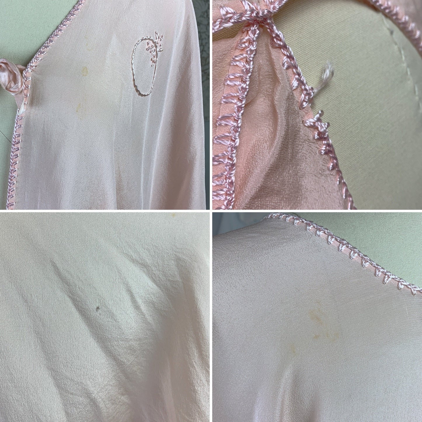 Vintage 1920's Bed Jacket | Size Free | Very Pale Pink Silk with Pomegranate Silk Thread Embroidery | Filene's Boston - Daggers & Dames