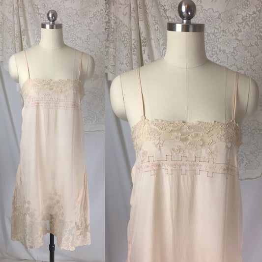 Vintage 1920's Chemise | Palest Lavender - Pink Silk with Floral Alençon Lace and Embroidery | Size S, M - Daggers & Dames