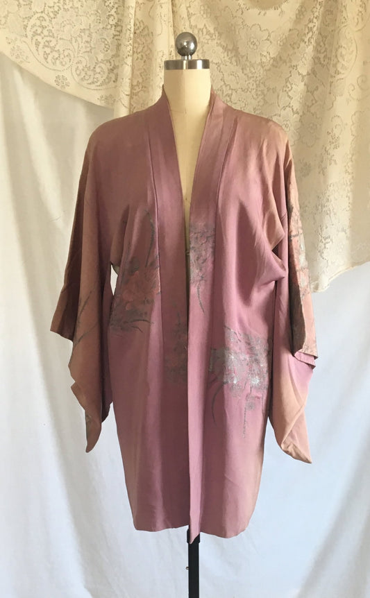 Vintage 1920's Haori Kimono | Lavender Purple Silk with Floral Brocade Rose Pattern | Center Tie Closure | Antique Kimono | Free Size - Daggers & Dames