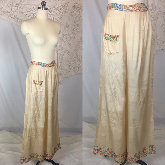 Vintage 1920's Japanese Palazzo Pants | Natural Raw Pongee Silk with Painted Floral Pattern | Size M, LG - Daggers & Dames