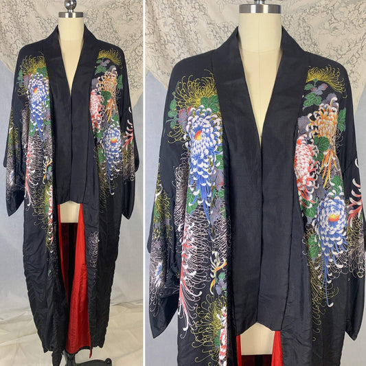 Vintage 1920's Kimono Robe | Black Tissue Silk with Floral Print & Bright Red Lining | Size Free | Made in Japan - Daggers & Dames