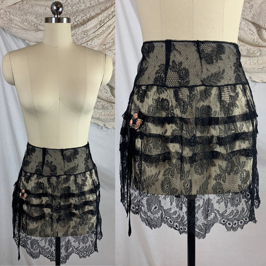 Vintage 1920's Lingerie Tap Skirt | Black Chantilly Eyelash Lace with Pink Silk Rosette Wreath | Size LG - Daggers & Dames
