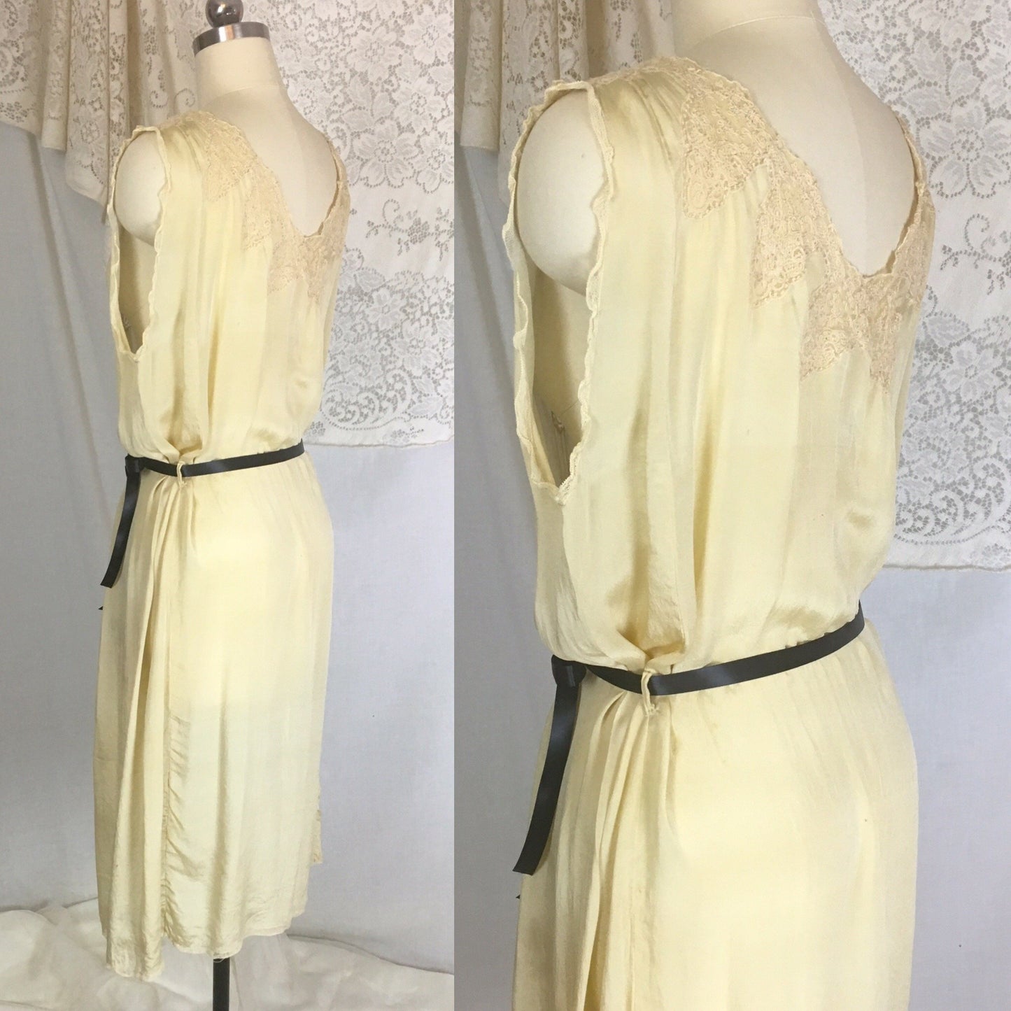 Vintage 1920's Nightgown | Gold Tissue Silk with Tambour Lace & Black Ribbon Tie | Size Free - Daggers & Dames