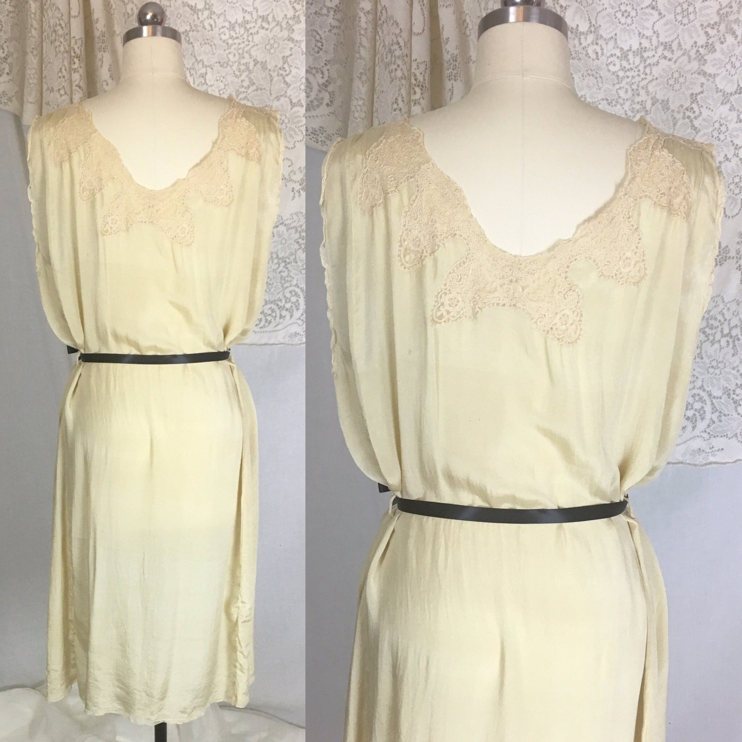 Vintage 1920's Nightgown | Gold Tissue Silk with Tambour Lace & Black Ribbon Tie | Size Free - Daggers & Dames