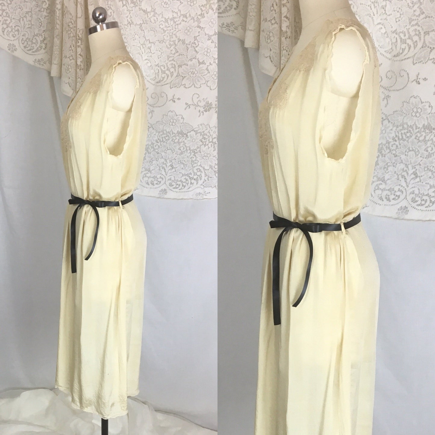Vintage 1920's Nightgown | Gold Tissue Silk with Tambour Lace & Black Ribbon Tie | Size Free - Daggers & Dames