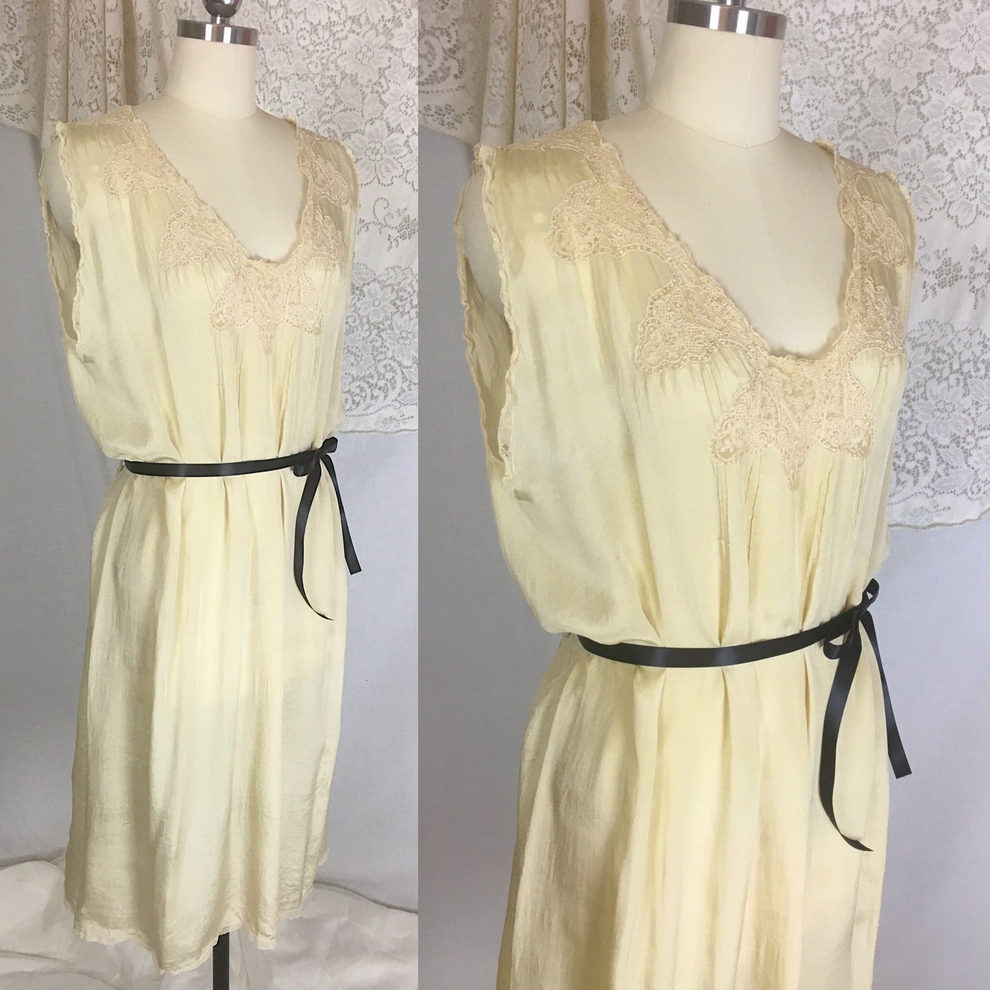Vintage 1920's Nightgown | Gold Tissue Silk with Tambour Lace & Black Ribbon Tie | Size Free - Daggers & Dames