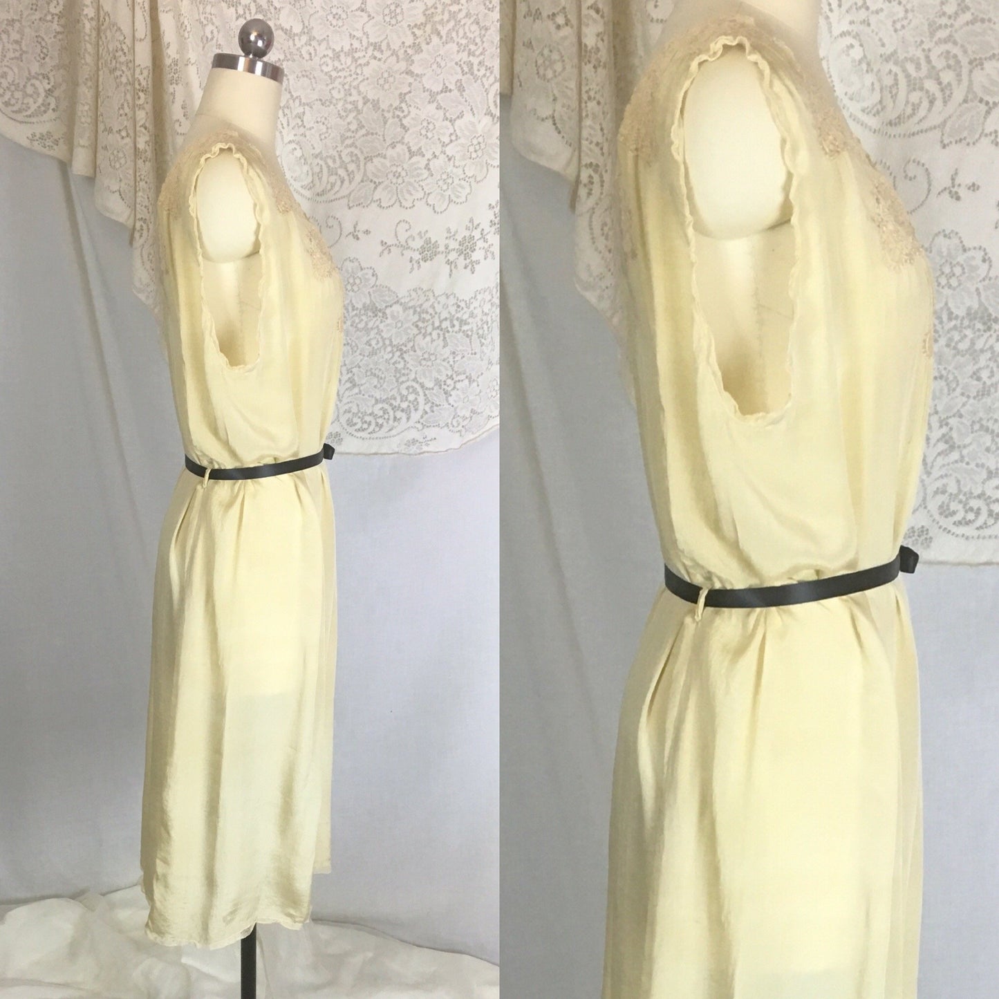 Vintage 1920's Nightgown | Gold Tissue Silk with Tambour Lace & Black Ribbon Tie | Size Free - Daggers & Dames