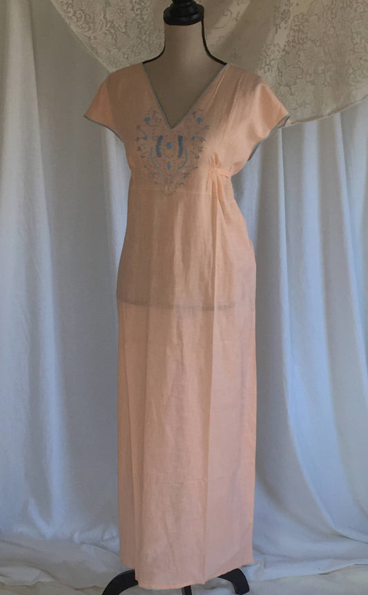 Vintage 1920's Nightgown | Peach Cotton with Blue Embroidery | Art Nouveau Boho Dress | New Old Stock | Lady Peer | Size Free - Daggers & Dames