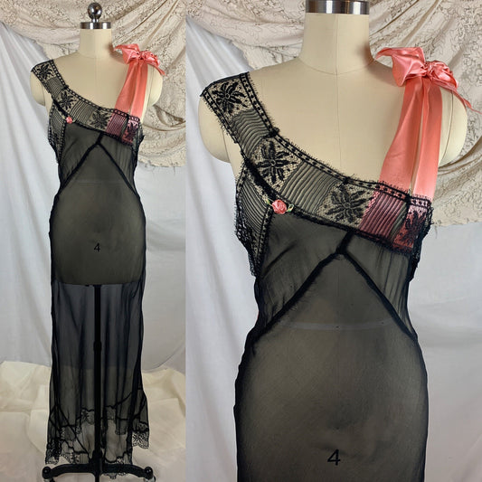Vintage 1920's Nightgown | Sheer Black Silk Chiffon with Chantilly Eyelash Lace & Pink Silk Satin Ribbon Ties | Never Worn | Size SM, MED - Daggers & Dames