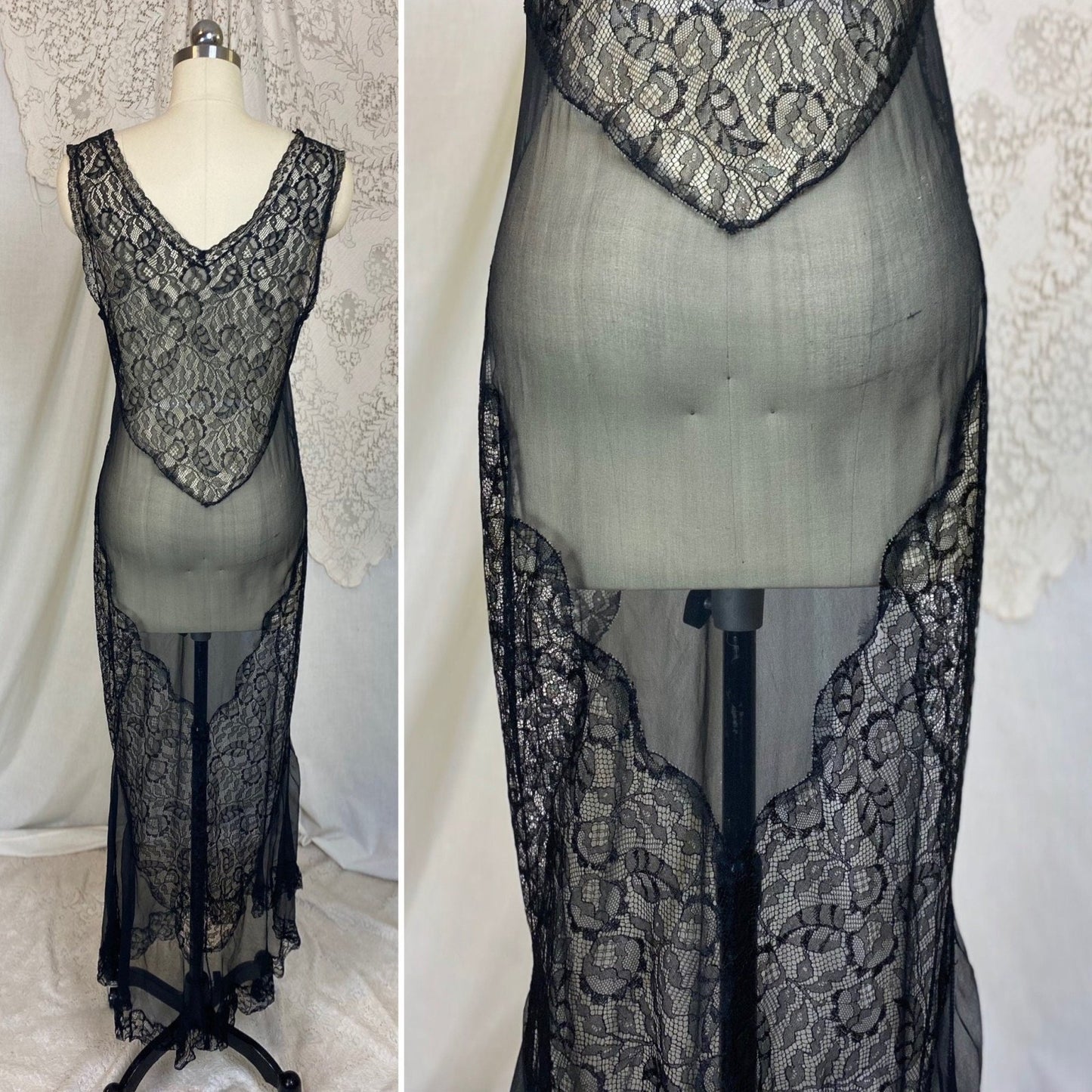Vintage 1920's Nightgown | Sheer Black Silk Chiffon with Floral Chantilly Lace & Embroidery | Size XS, S - Daggers & Dames
