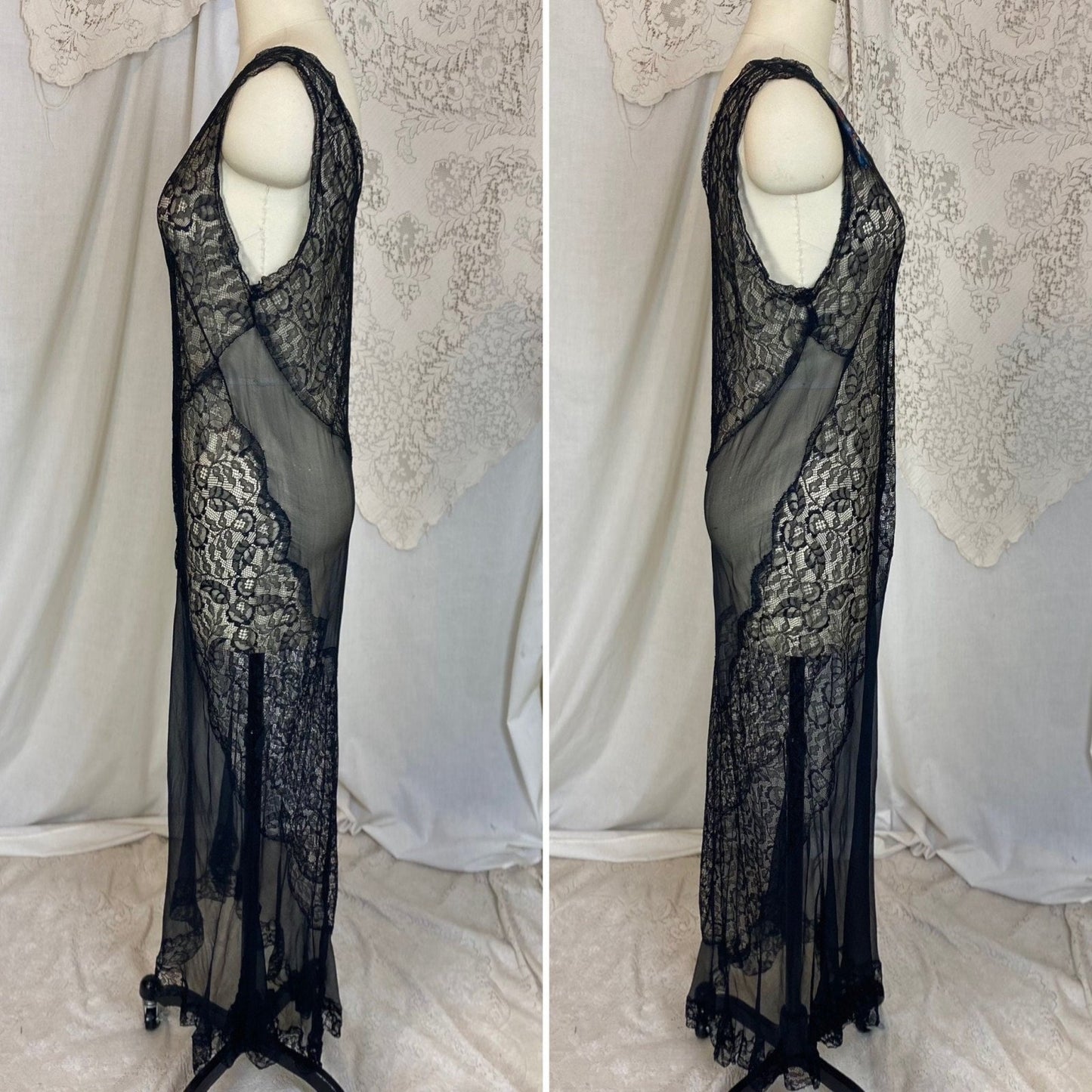 Vintage 1920's Nightgown | Sheer Black Silk Chiffon with Floral Chantilly Lace & Embroidery | Size XS, S - Daggers & Dames