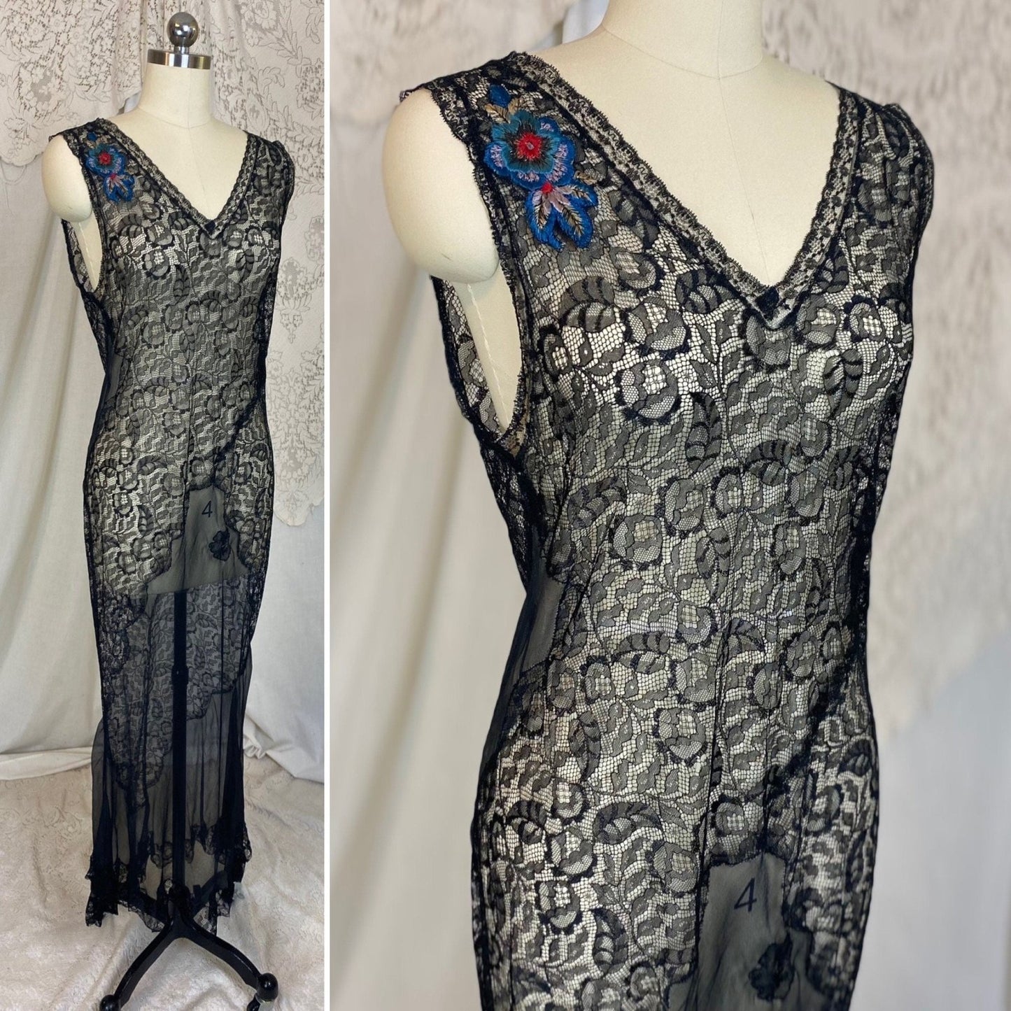 Vintage 1920's Nightgown | Sheer Black Silk Chiffon with Floral Chantilly Lace & Embroidery | Size XS, S - Daggers & Dames