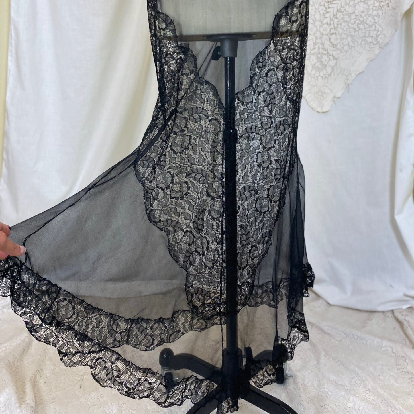 Vintage 1920's Nightgown | Sheer Black Silk Chiffon with Floral Chantilly Lace & Embroidery | Size XS, S - Daggers & Dames