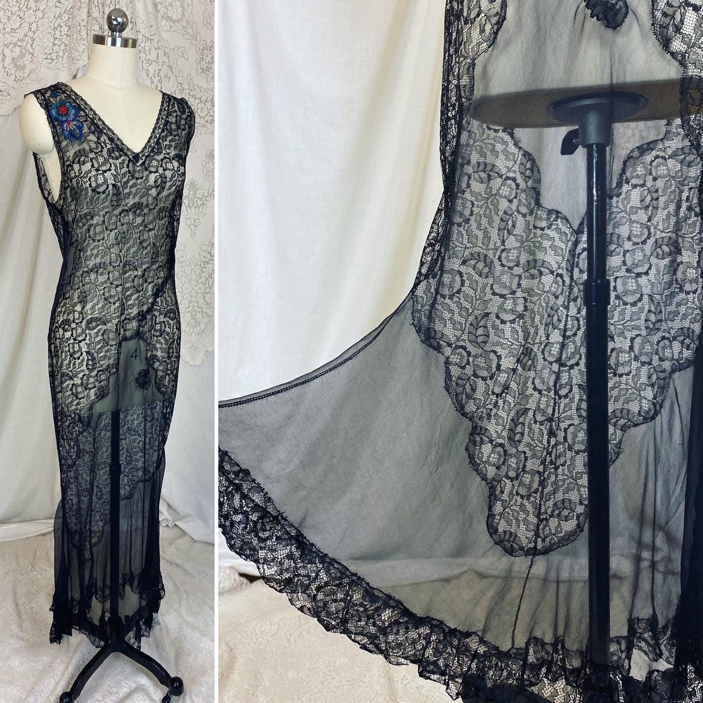 Vintage 1920's Nightgown | Sheer Black Silk Chiffon with Floral Chantilly Lace & Embroidery | Size XS, S - Daggers & Dames