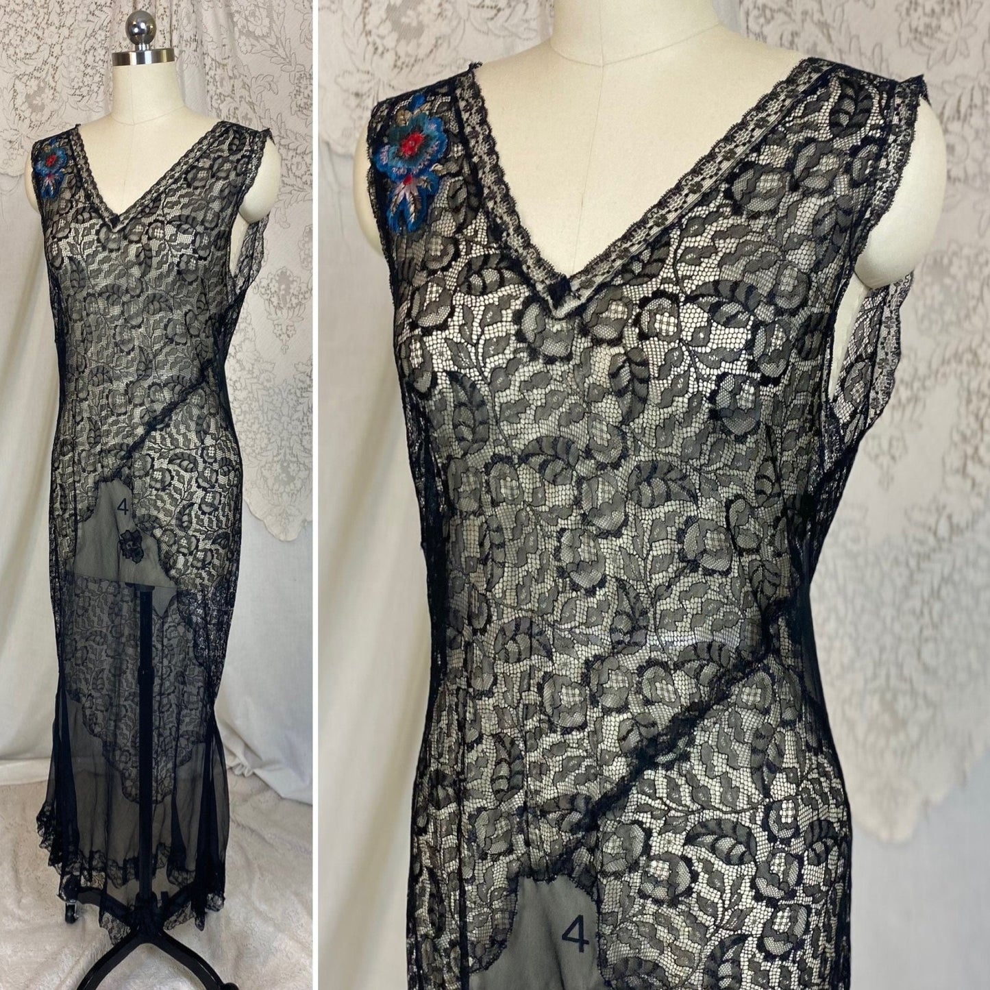 Vintage 1920's Nightgown | Sheer Black Silk Chiffon with Floral Chantilly Lace & Embroidery | Size XS, S - Daggers & Dames