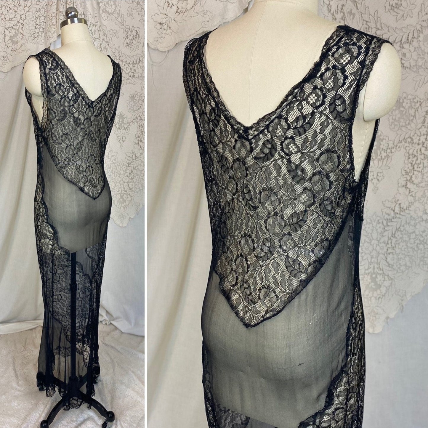 Vintage 1920's Nightgown | Sheer Black Silk Chiffon with Floral Chantilly Lace & Embroidery | Size XS, S - Daggers & Dames