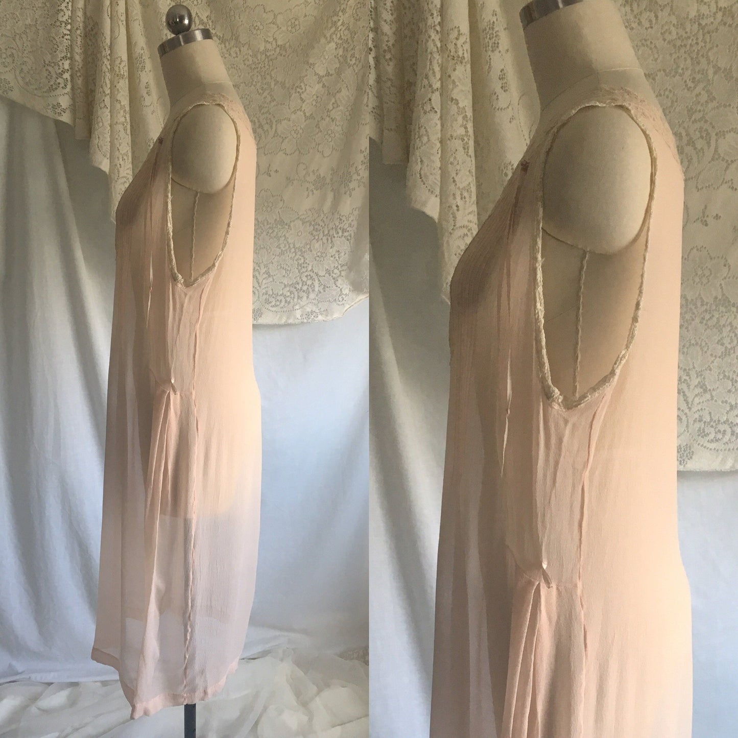 Vintage 1920's Nightgown | Sheer Powder Pink Silk Chiffon with Tambour Embroidery | Size M, LG - Daggers & Dames