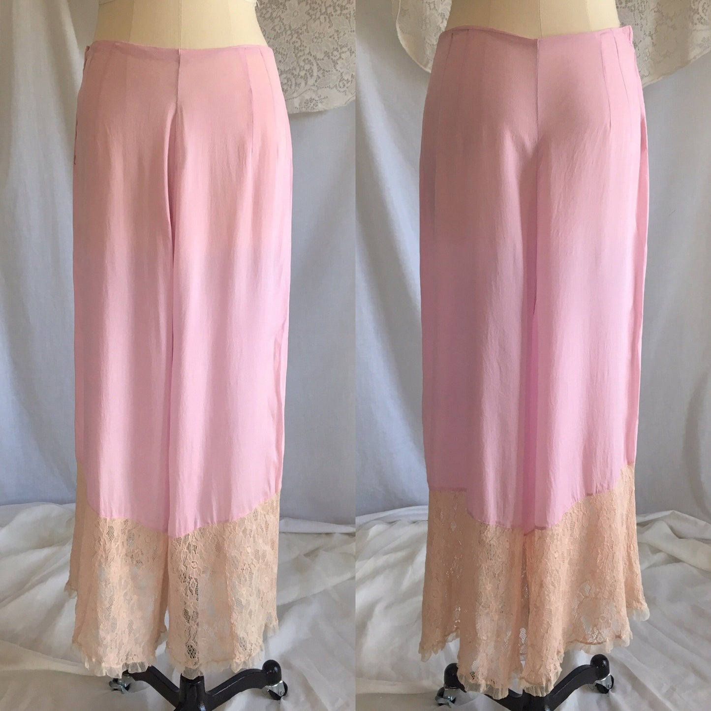 Vintage 1920's Pajama Set | Sheer Lilac Purple Silk with Chantilly Lace & Silk Rosettes | Size S, M - Daggers & Dames