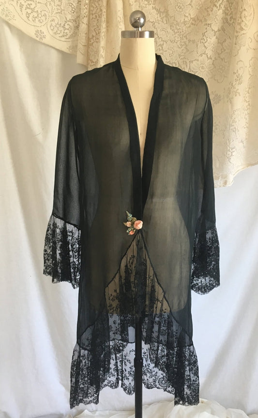 Vintage 1920's Peignoir Robe | Black Silk Chiffon & Chantilly Lace | OOAK | Size XSM - Daggers & Dames