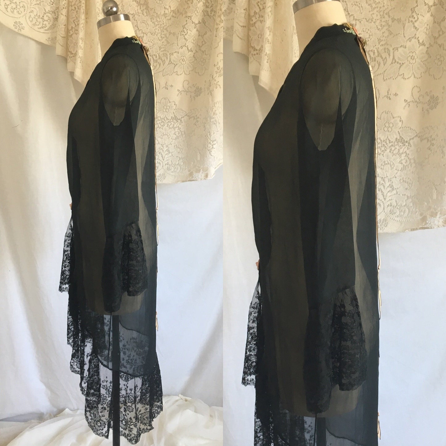Vintage 1920's Peignoir Robe | Black Silk Chiffon & Chantilly Lace | OOAK | Size XSM - Daggers & Dames